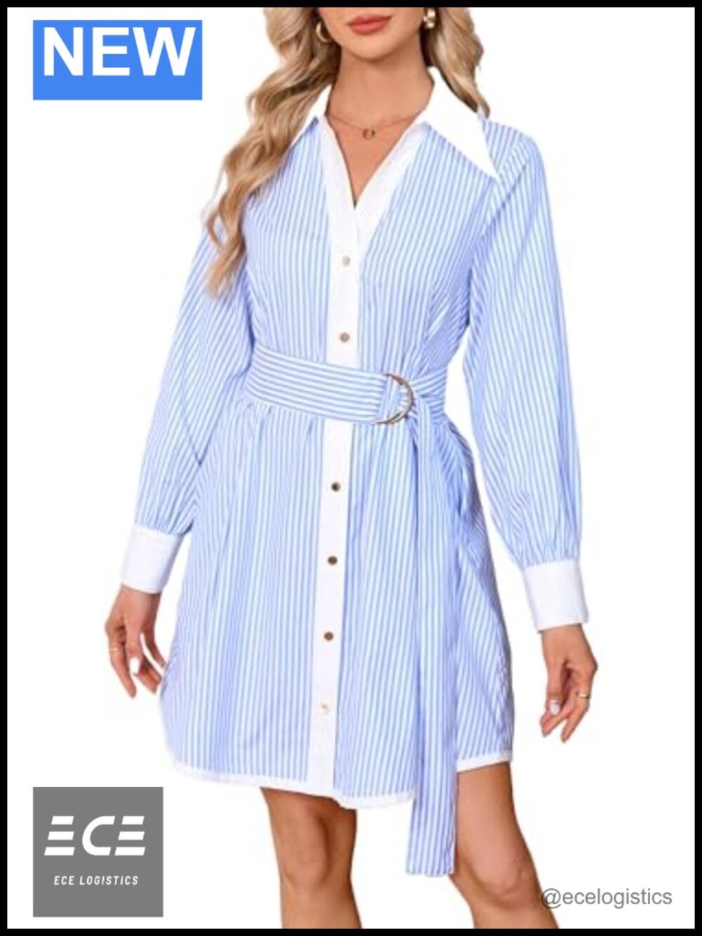 Striped Long Sleeve Button Down Mini Shirt Dress V Neck Belted